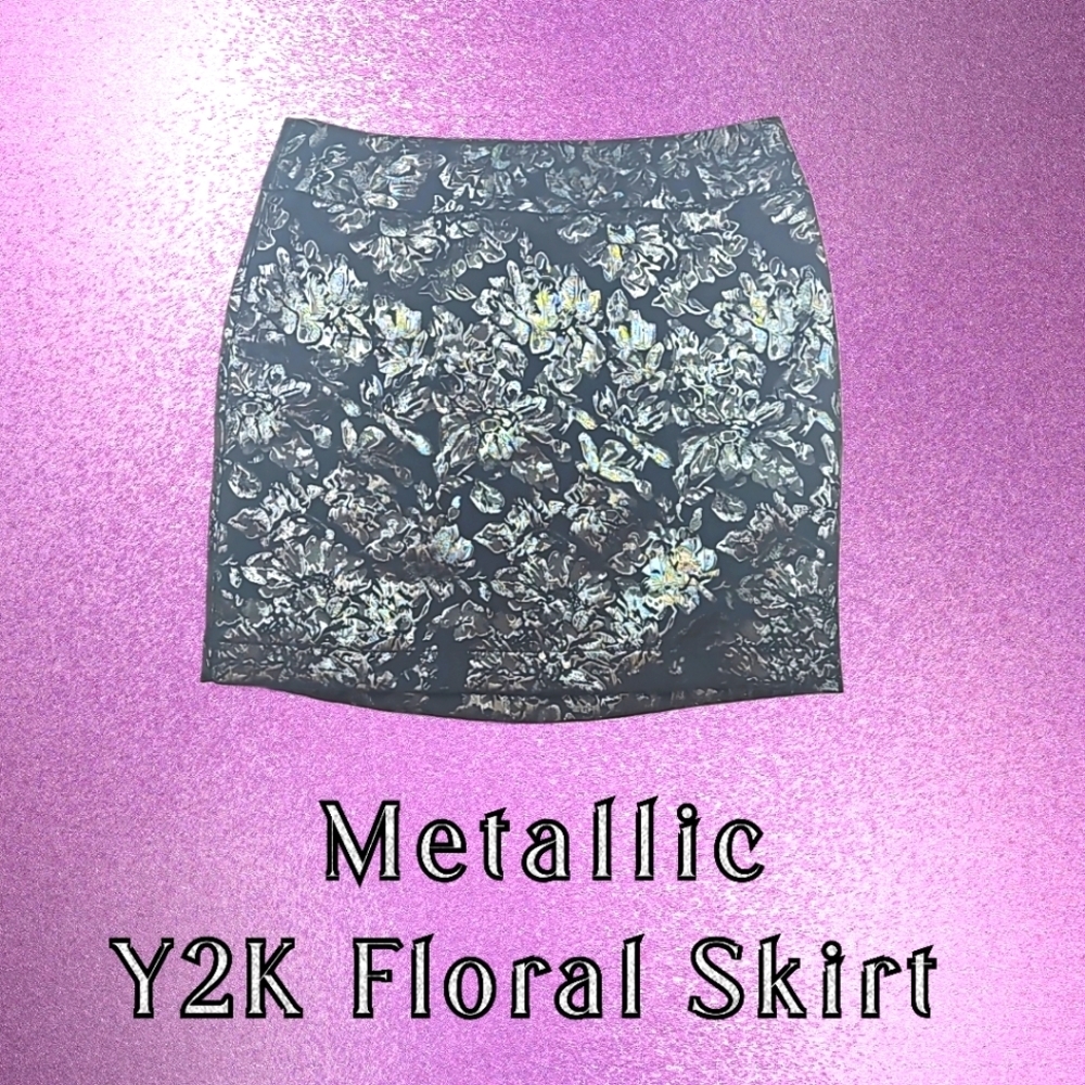 Retro Metallic Floral Skirt Silver Reflective Floral & Black Mini Skirt, M